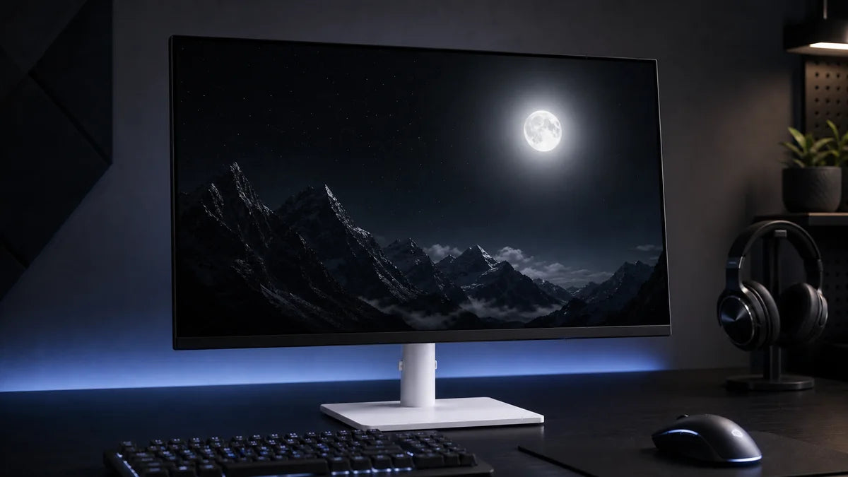 Mini-LED gaming monitor showing a bright moon halo in a dark mountain scene