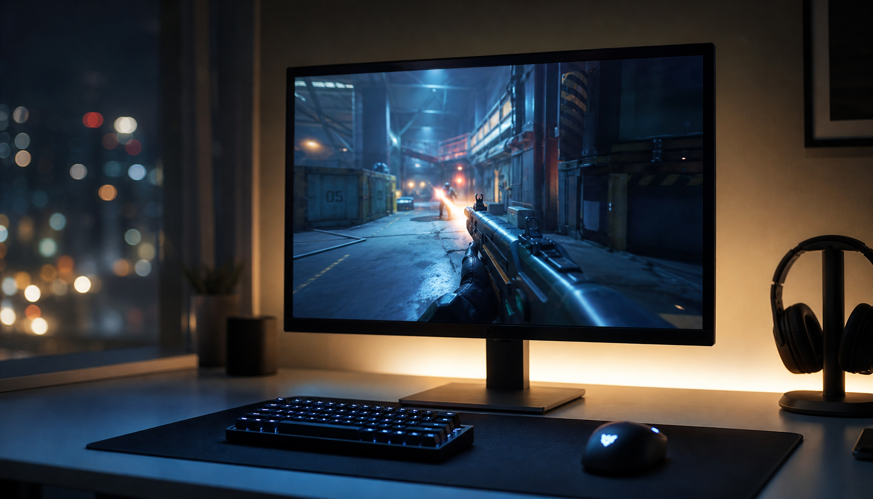 24-inch gaming monitor on a clean esports desk setup displaying a first-person shooter game, backlit by cool LED light at night