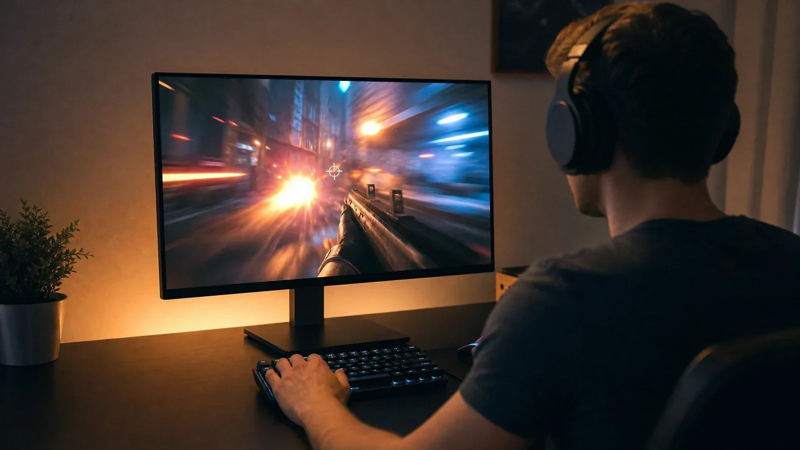 Person playing a fast-paced game at night on a 300Hz gaming monitor with motion blurred on screen