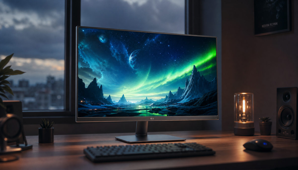 4K gaming monitor on a desk showing a high-refresh HDR display scene in a dim home office