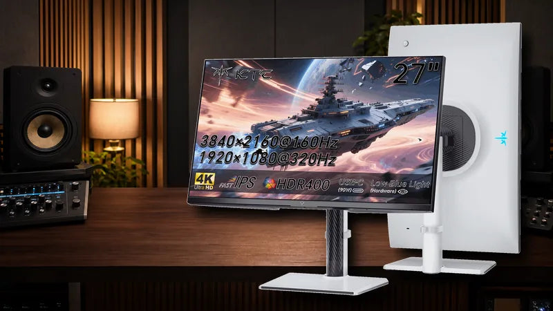 KTC H27P6 4K HDR gaming monitor shown from the front and rear with complete stands in a cinematic HDR workstation scene