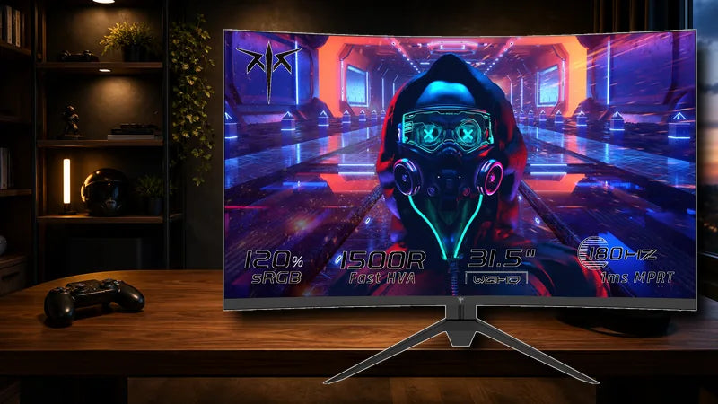 KTC H32S17 curved gaming monitor shown as the main product on a clean background in a cinematic single-player gaming desk scene