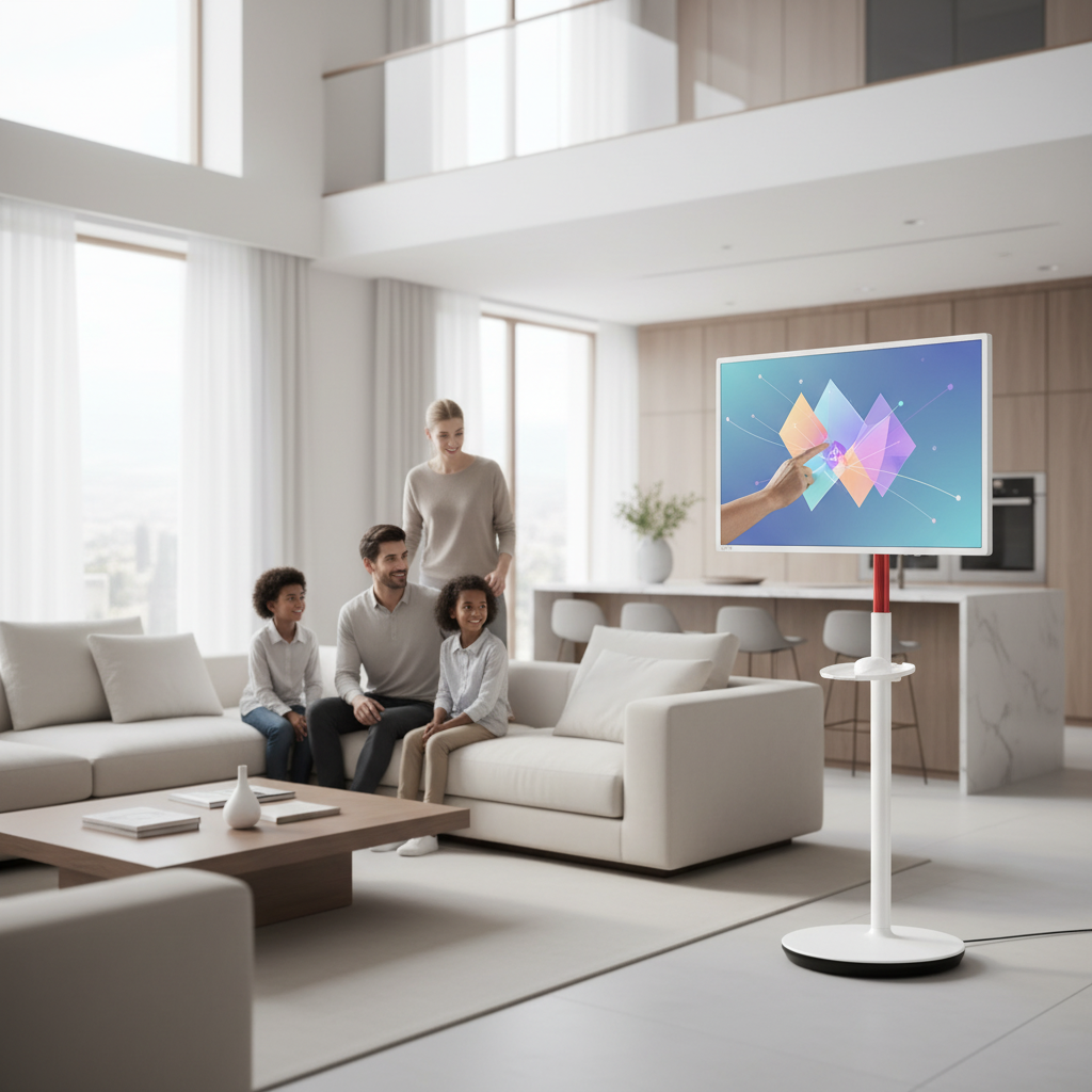 A large mobile smart touch monitor on a minimalist wheeled stand in a sunlit modern living room, with family members interacting with the screen.