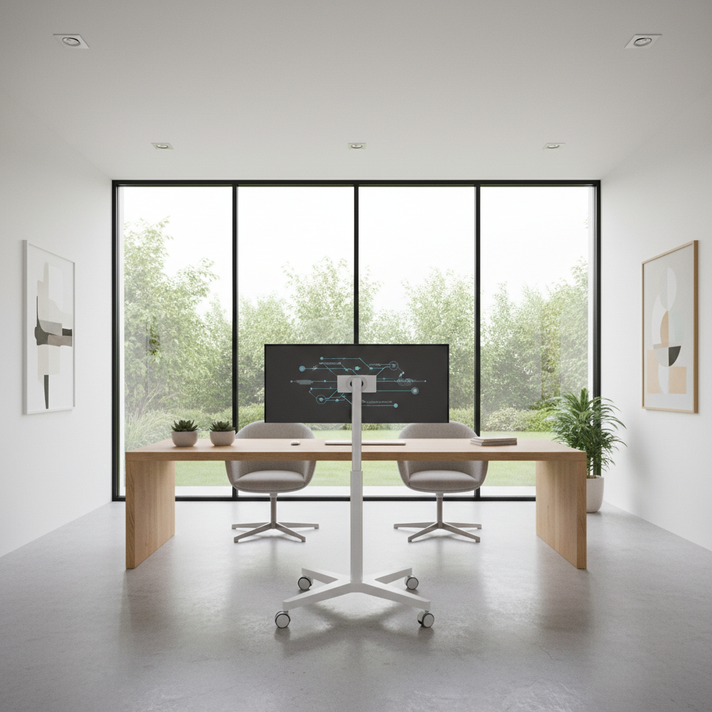 A side-by-side comparison of a large portable smart display on a rolling stand and a fixed desktop monitor in a modern, sunlit home office.