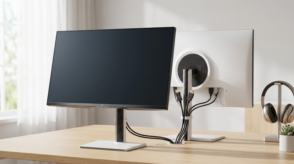 A high-refresh 4K gaming monitor on a clean desk setup with visible DisplayPort and HDMI cables