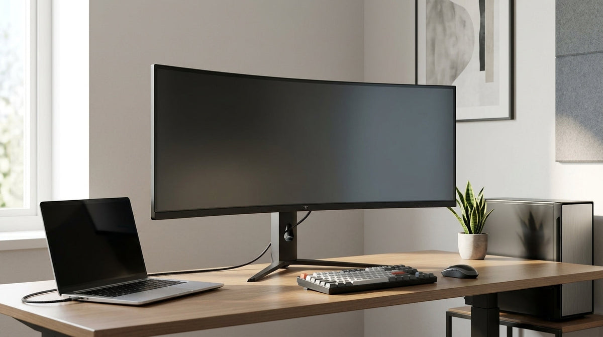 A modern hybrid workspace featuring a curved ultrawide monitor with a laptop and desktop connected through a single USB-C cable, showing a clean desk with minimal clutter