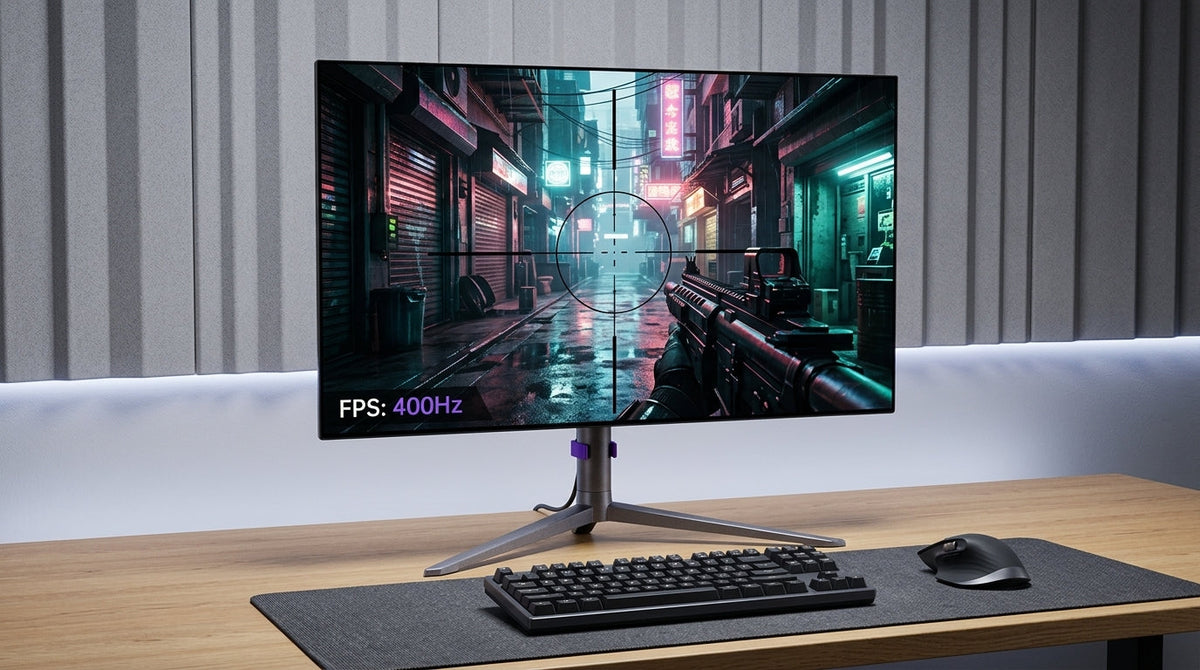 A competitive gaming monitor displaying fast-paced FPS action with crisp motion clarity
