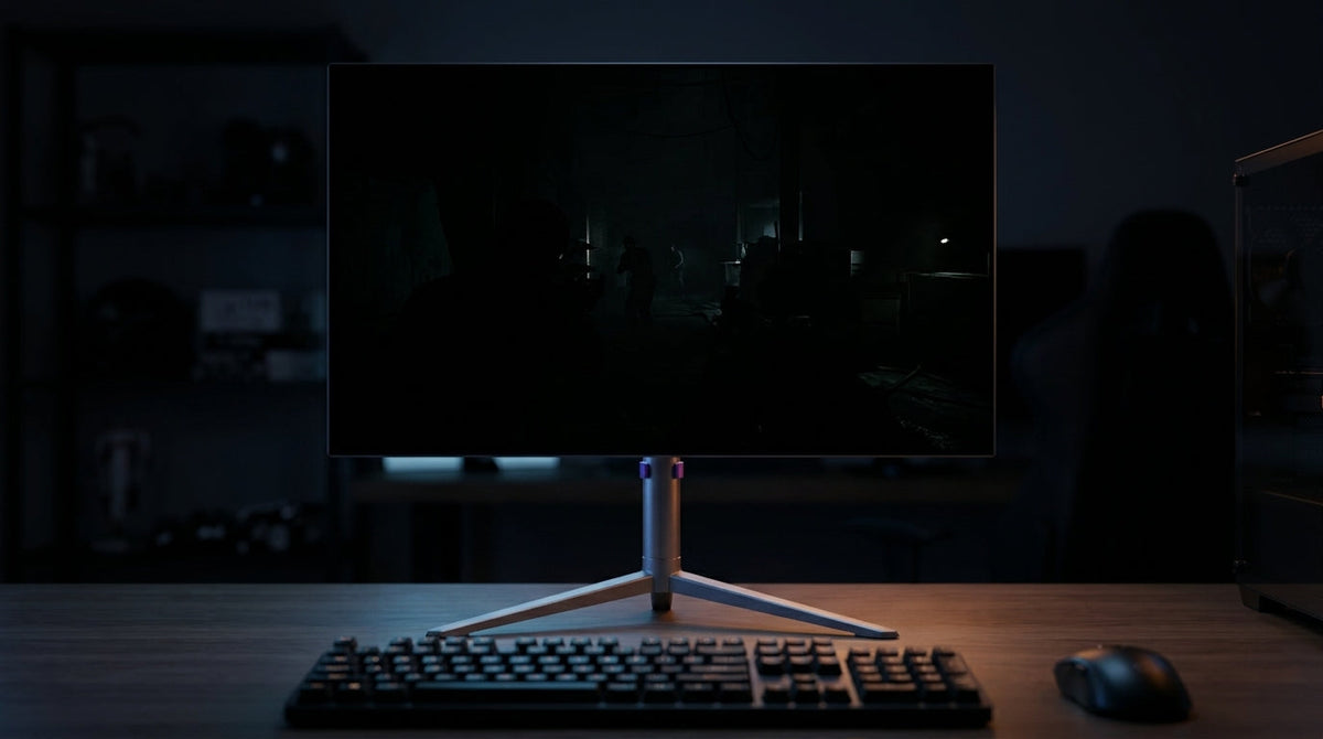 Shadow detail tuning in a dark stealth game scene on an OLED monitor