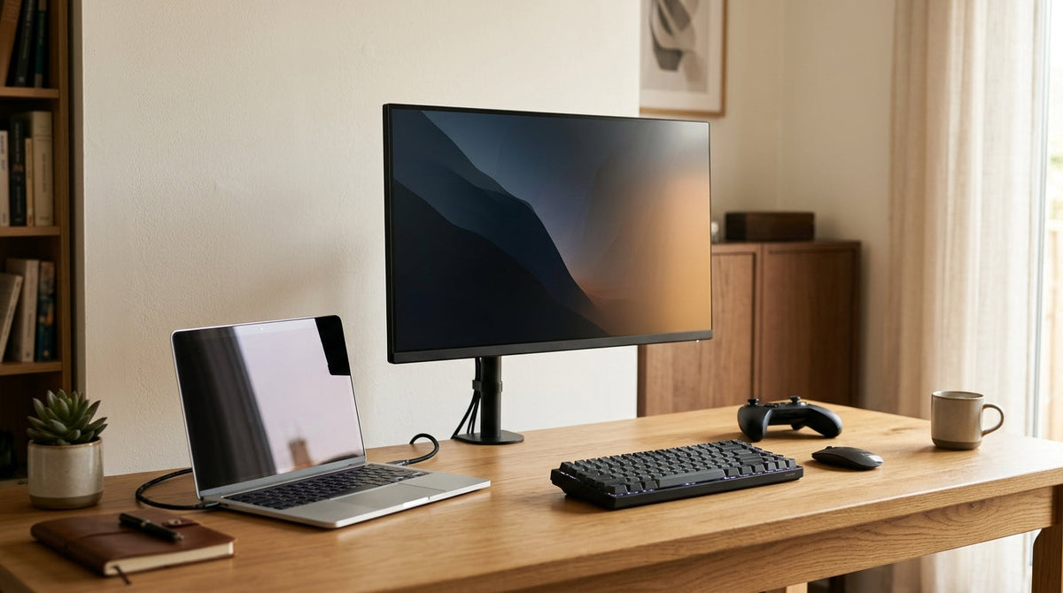 A clean single-desk setup showing a 27-inch monitor positioned between a laptop and keyboard, with soft office lighting and a controller nearby for evening gaming