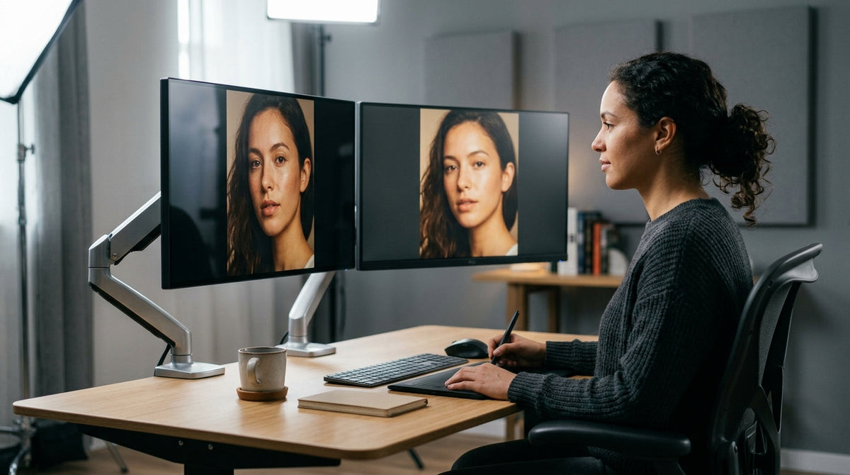 A professional photo retoucher at a modern desk comparing two side-by-side monitors, one with a glossy finish showing deep contrast and subtle reflections, and one with a matte finish showing a diffused, anti-glare surface.