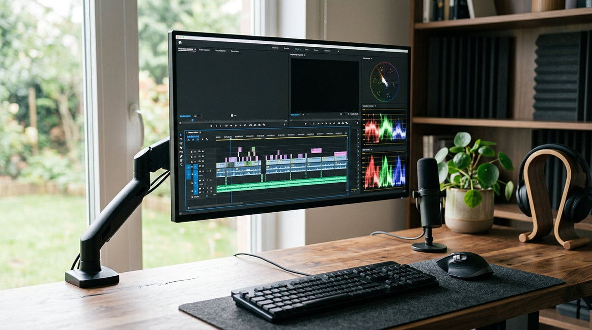 Setup with a color-accurate 27-inch monitor displaying a video timeline and scopes