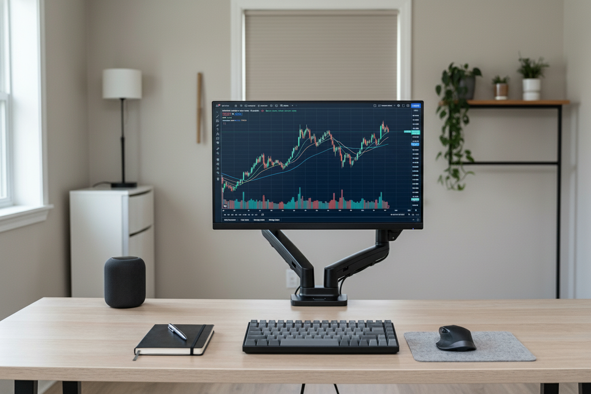 Ergonomic VESA-mounted multi-monitor trading array demonstrating proper height alignment and cable management