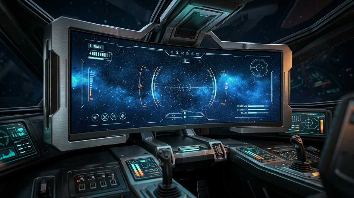 Immersive sci-fi spaceship cockpit view through a large curved ultrawide gaming monitor displaying a deep space starfield and tactical HUD.