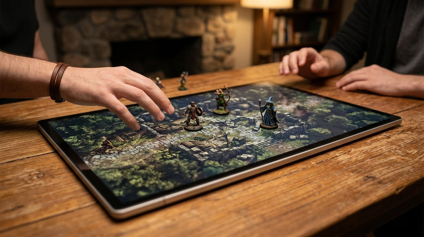 A large flat tablet lying horizontally on a wooden gaming table, displaying a digital fantasy map with miniature figures. Players are gathered around the table in a cozy room with warm lighting.