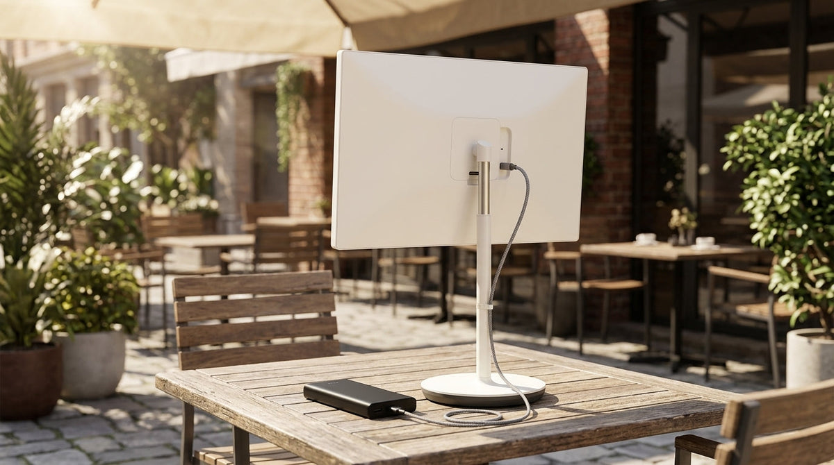 A large portable smart display on a sunlit outdoor cafe table, connected to a power bank to demonstrate mobility and extended battery life.