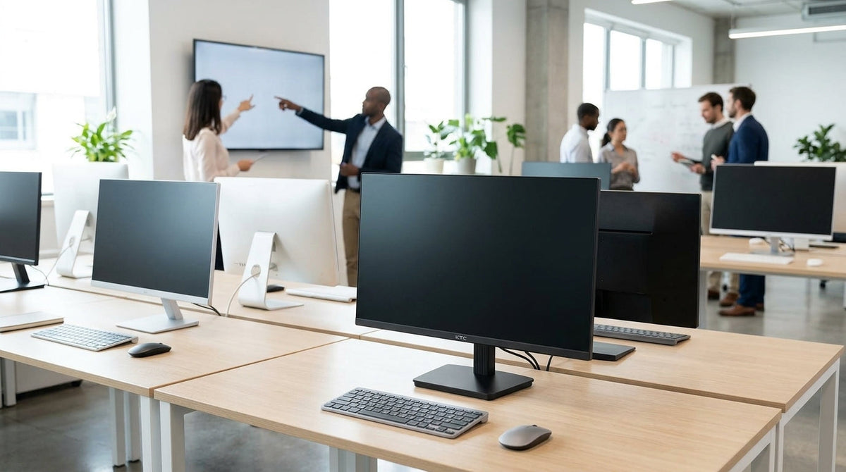 A professional and modern co-working office environment featuring multiple high-quality monitors on minimalist desks with a diverse team collaborating in bright natural light.