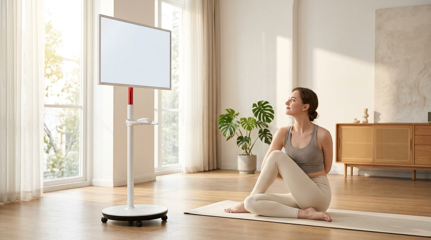 A person practicing yoga in a bright, modern living room, looking at a large 32-inch mobile smart display on a rolling stand from a side angle.