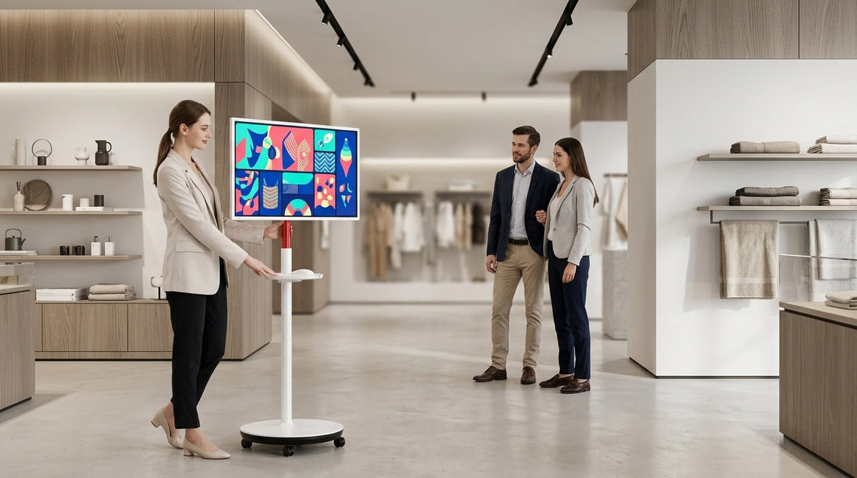 A professional boutique showroom featuring a 32-inch 4K rolling smart screen on a slim mobile stand being positioned by a staff member while customers interact with the touch display.