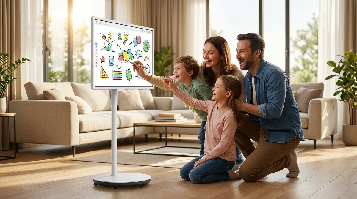 A family collaborating on a large rolling smart display used as an interactive whiteboard in a modern, sunlit living room.
