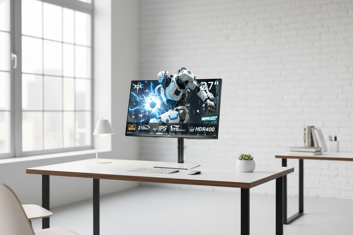 A clean minimalist modern office desk setup featuring a sleek monitor with built-in speakers, showcasing a clutter-free workspace without an external soundbar.