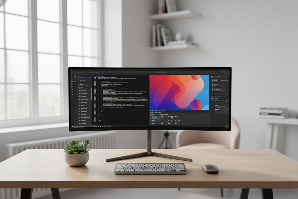 A modern ultrawide monitor on a clean professional desk setup, displaying two distinct computer desktop environments side-by-side in Picture-by-Picture mode.