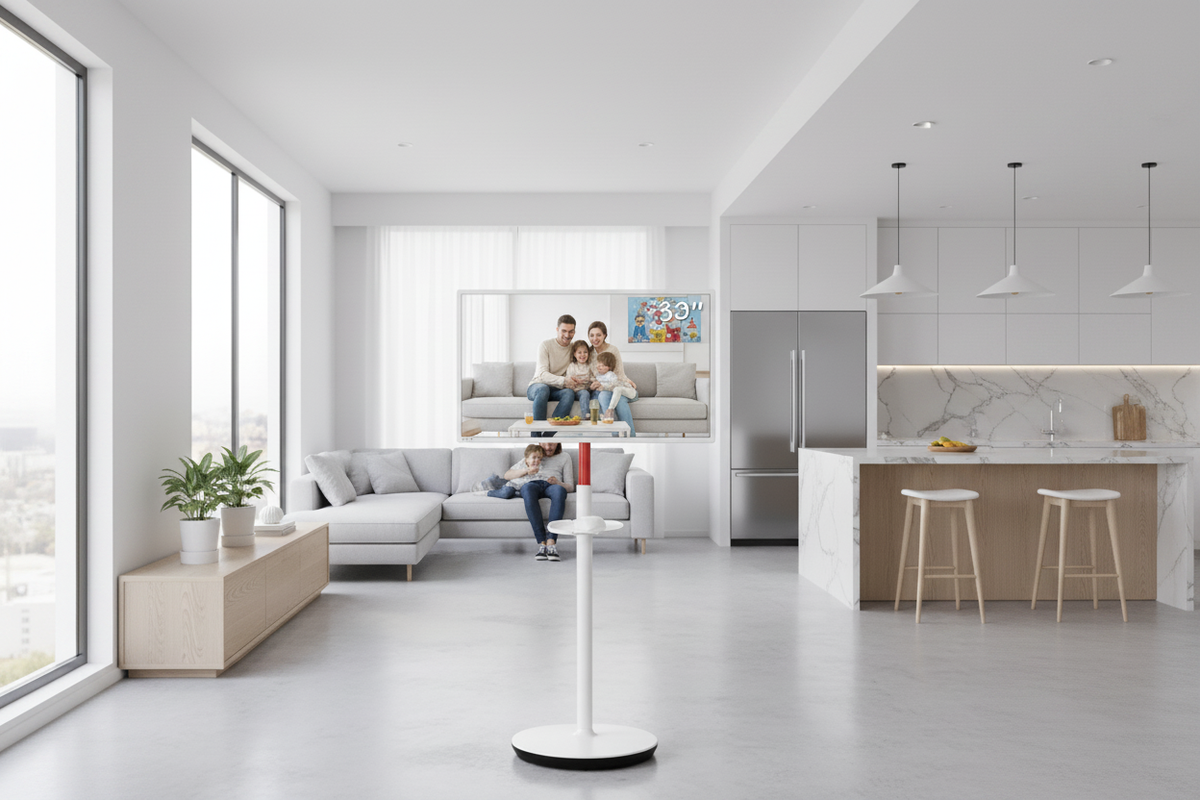 A portable smart monitor on a wheeled stand being moved through a modern home, showing a family interacting with the device.