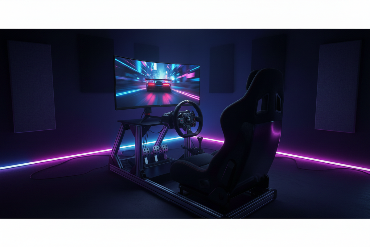 A professional sim racing setup featuring a 34-inch curved ultrawide monitor on a dedicated racing rig with dramatic lighting.