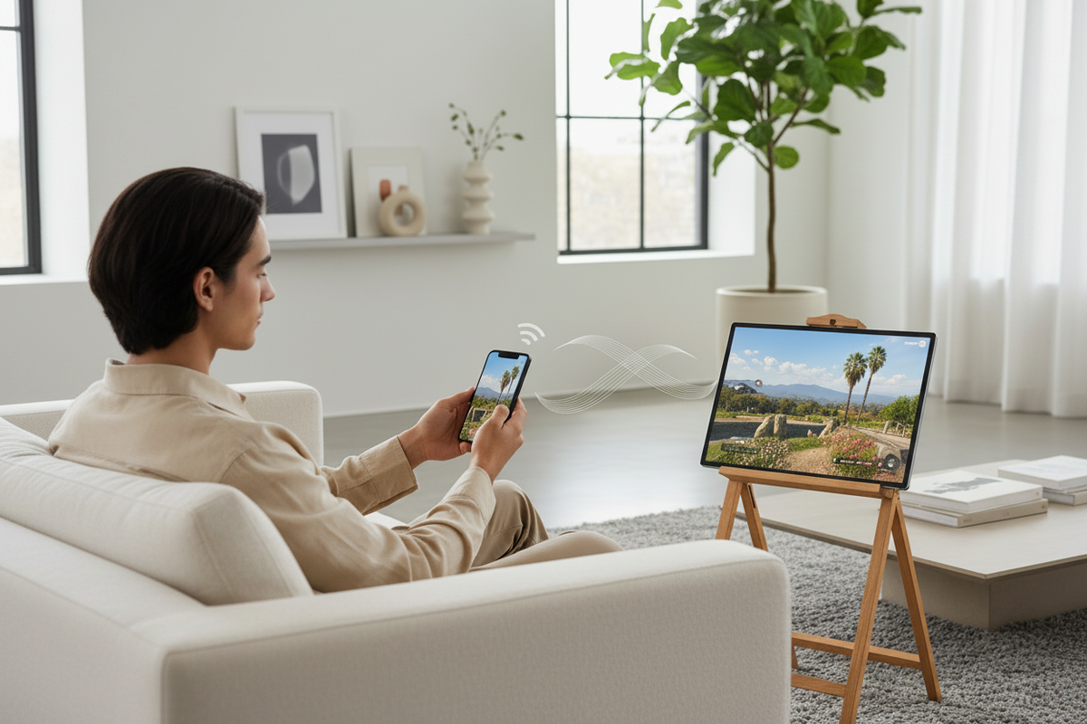 A person in a modern living room mirroring their smartphone to a large portable smart display on a stand.