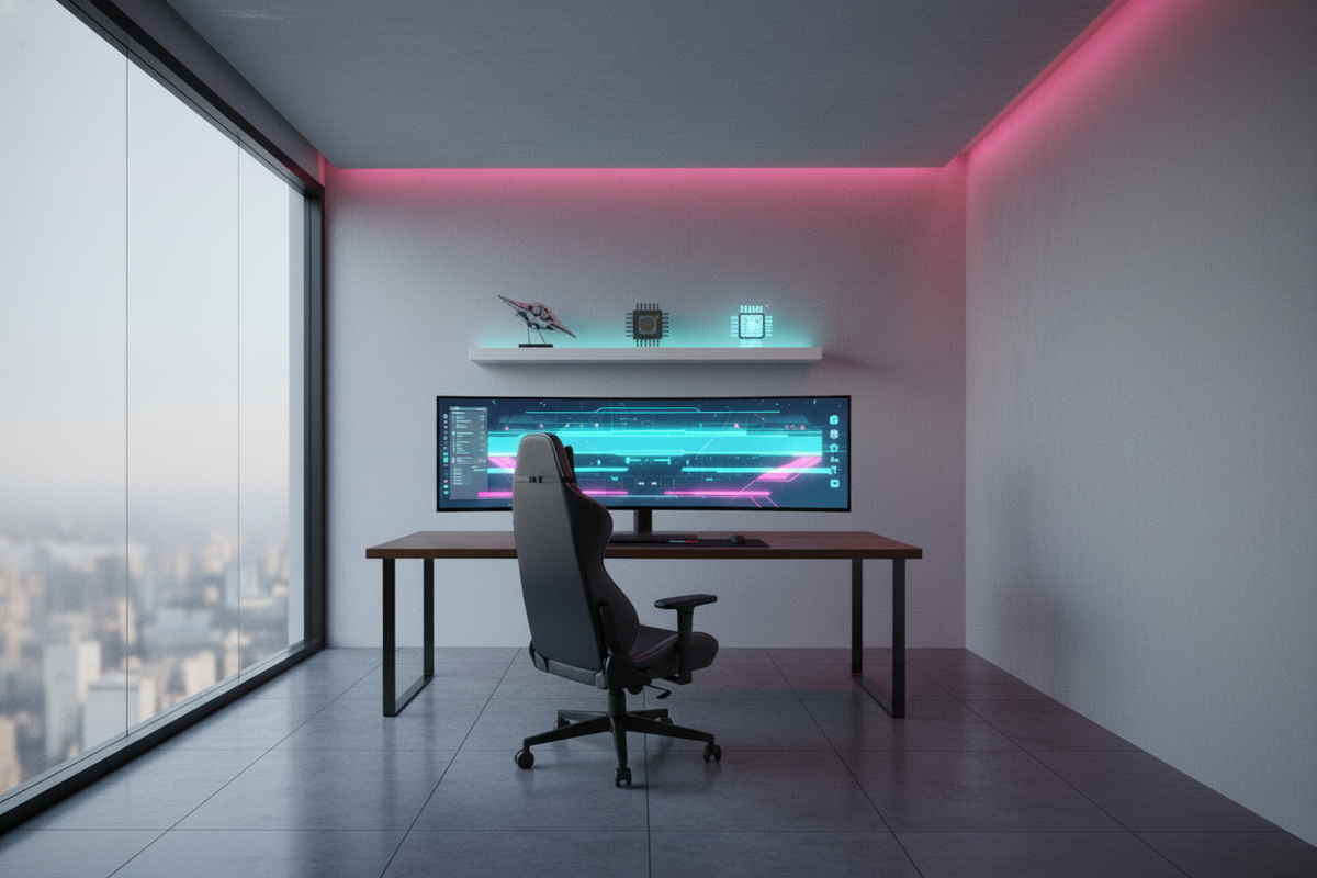 A clean and modern gaming room featuring a large super ultrawide curved monitor on a minimalist desk with immersive RGB lighting and neat cable management.