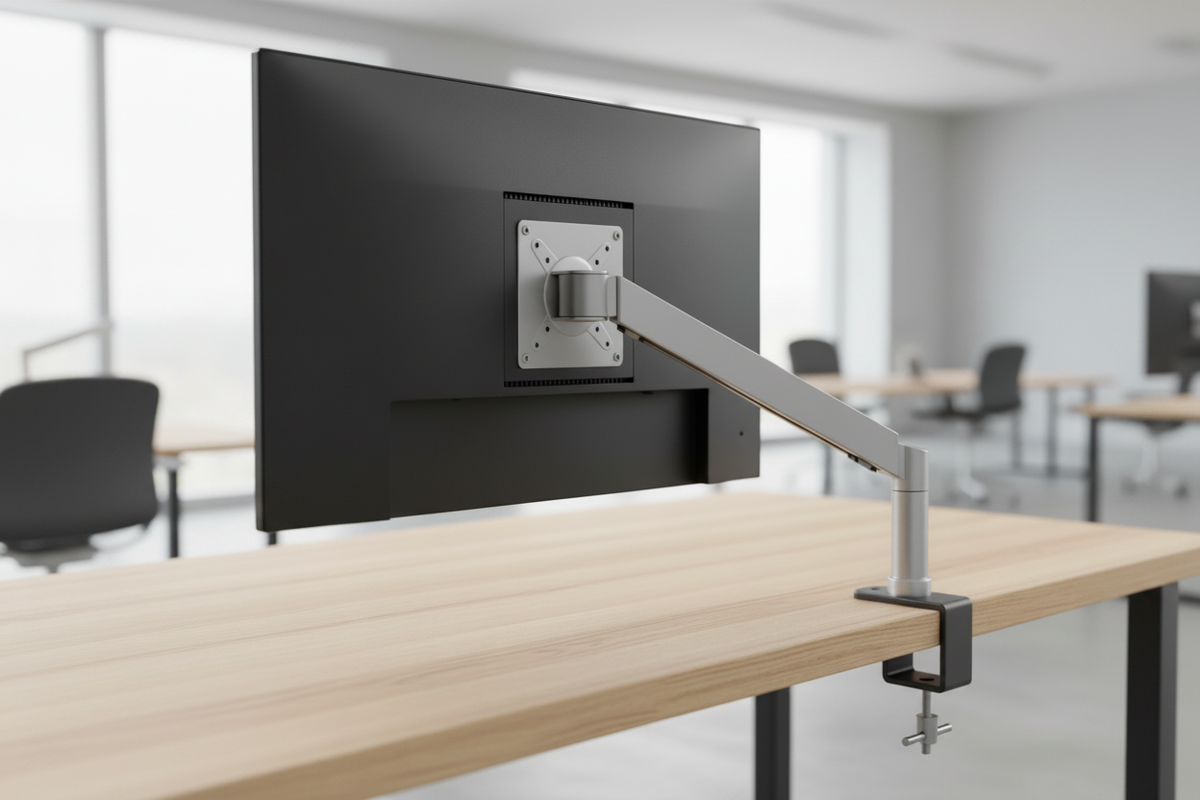 A professional desk setup featuring a modern gaming monitor being mounted onto a black articulated arm, with a clear focus on the VESA plate connection and the desk clamp.