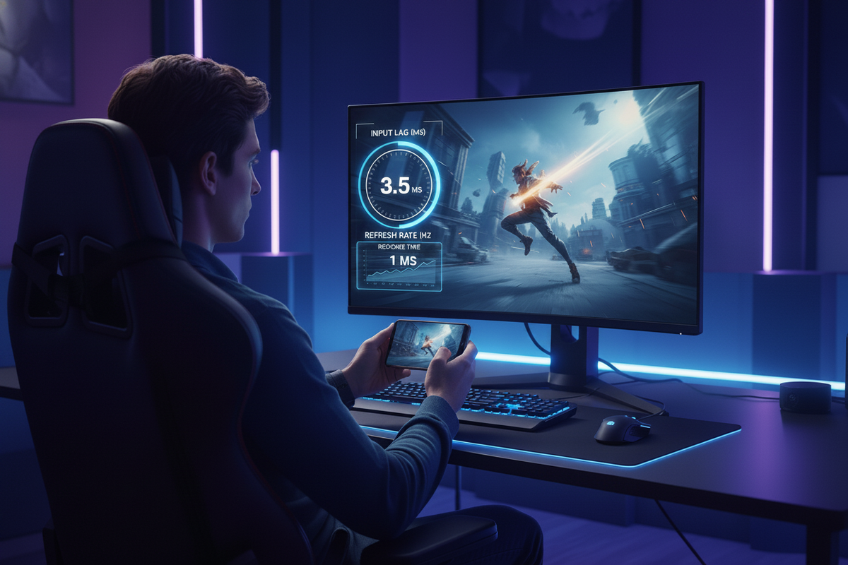A gamer using a smartphone to record a gaming monitor's screen to test latency in a high-tech room with blue and purple lighting.
