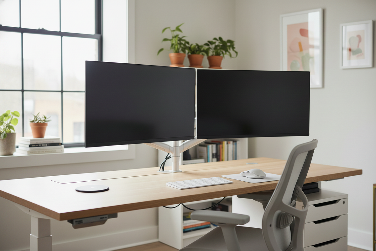 A professional and modern home office desk featuring two identical 27-inch monitors arranged in a symmetrical V-shape on dual monitor arms.