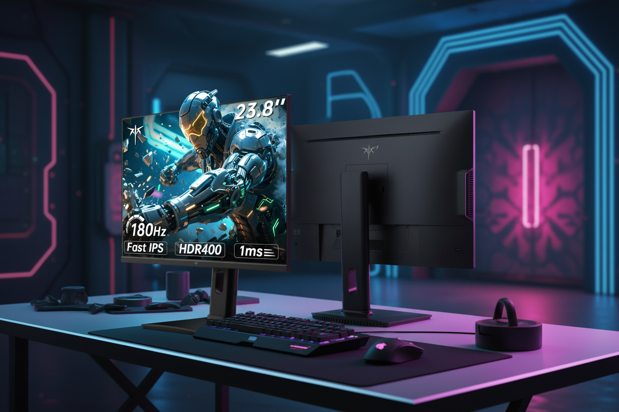 A sleek 27-inch gaming monitor with thin bezels and RGB accents shown from both front and back angles on a modern desk with cyberpunk neon lighting.