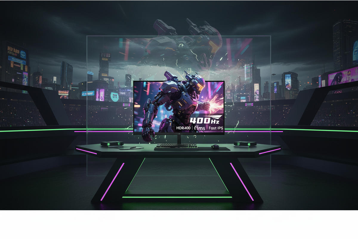 High-tech gaming monitor showing smooth Apex Legends action with stylized character