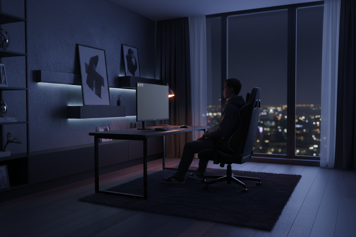 A gamer sitting at a desk in a dark, modern room, looking away from a gaming monitor towards a distant point to follow the 20-20-20 rule.