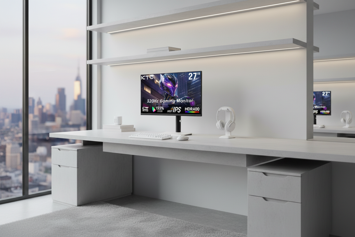 A premium minimalist gaming desk setup with a sleek monitor as the focal point, featuring soft lighting and a clean aesthetic.