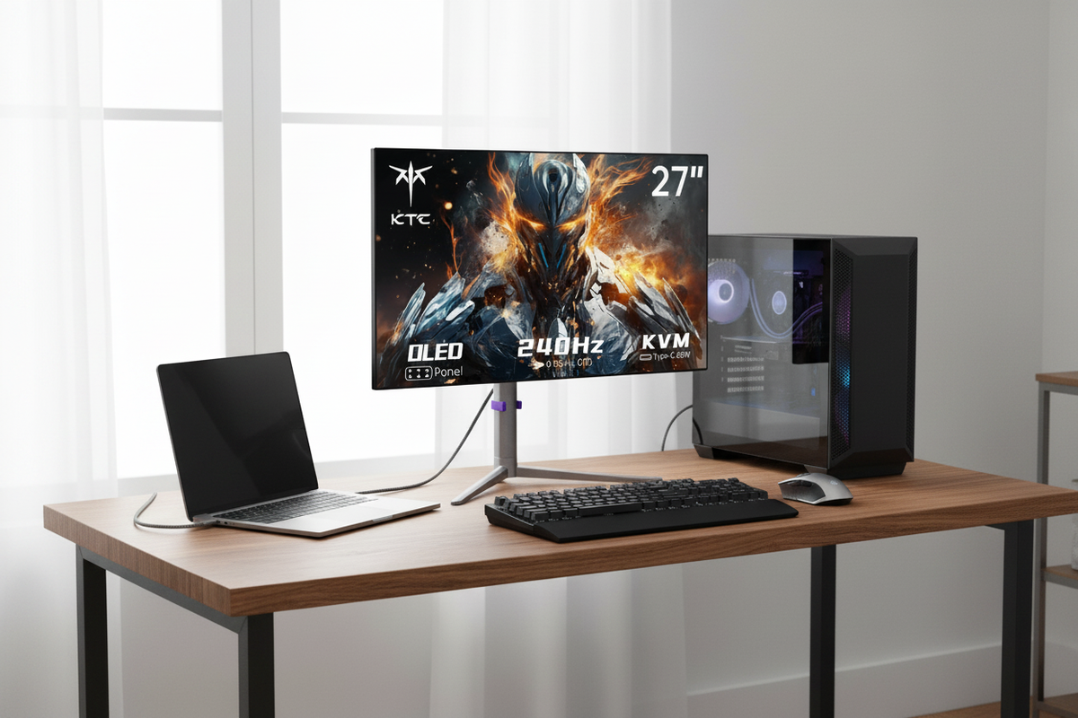 A minimalist hybrid desk setup featuring a high-end 27-inch gaming monitor centered between a sleek silver laptop and a gaming PC tower, showcasing a clean professional and gaming workspace.