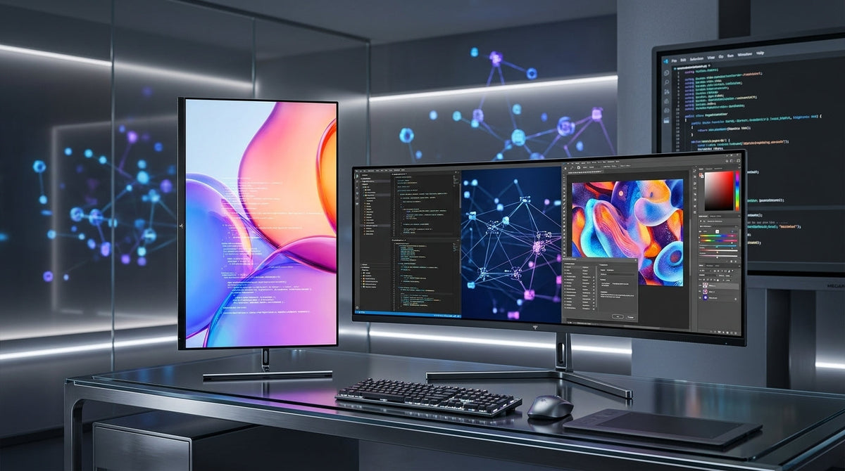 A futuristic AI workstation in a clean modern studio featuring a vertical monitor and a super ultrawide monitor with digital art and code.