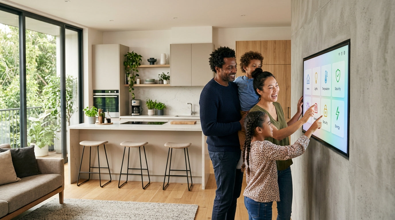 A diverse family in a modern 2026 living room interacting with a large wall-mounted smart touch monitor displaying a home automation dashboard.