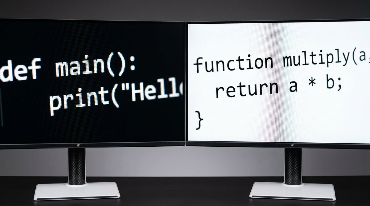 A macro split-screen comparison of text rendering on an OLED panel and a Mini-LED panel, showing sharp code and characters on both dark and light backgrounds to highlight pixel-level clarity.