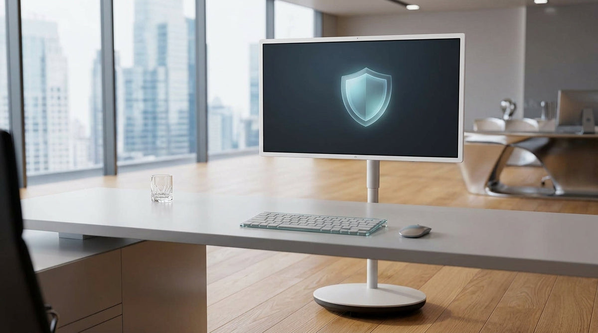 A professional office setting featuring a modern enterprise smart monitor with a subtle, glowing digital security shield overlay on the screen to represent firmware security.