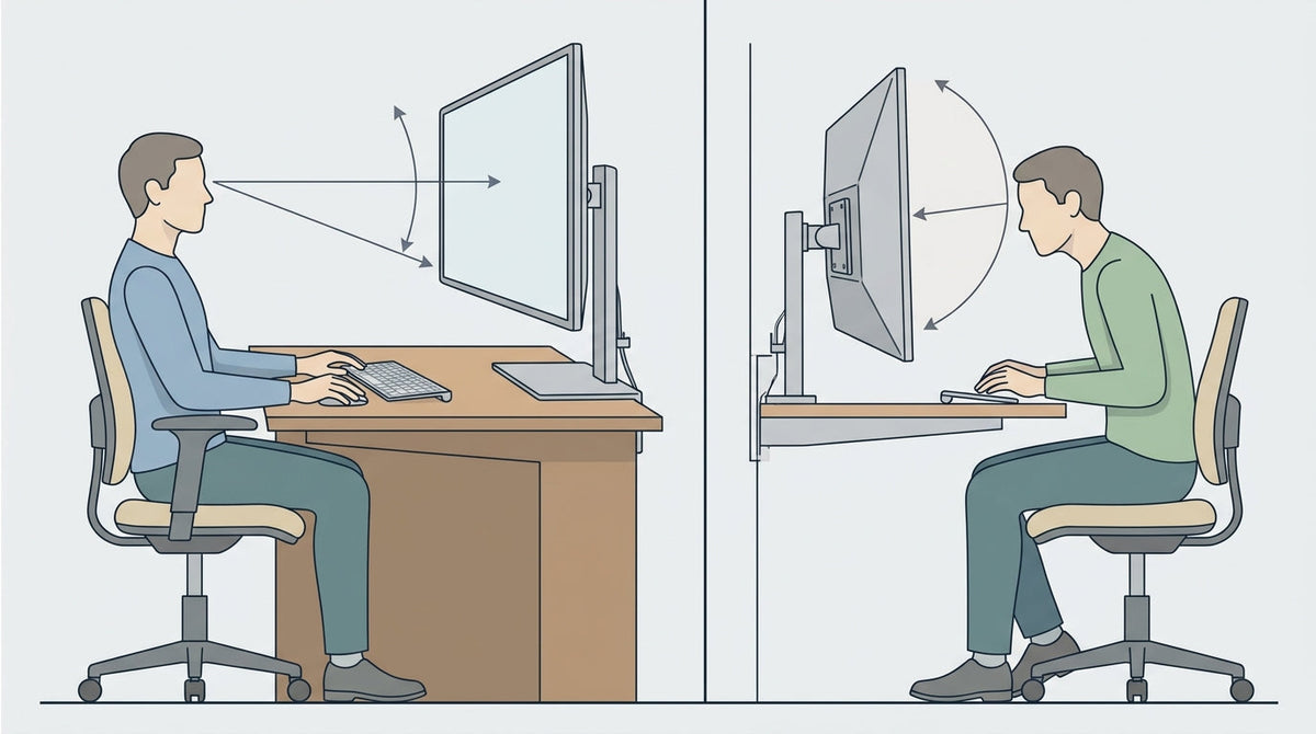 Technical comparison of a large monitor on a deep desk versus a shallow desk, highlighting ergonomic viewing distance.