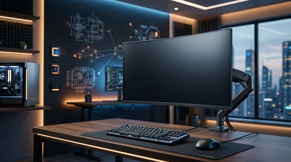 A futuristic gaming monitor on a minimalist desk with digital circuit lines suggesting a direct connection to engineering blueprints.