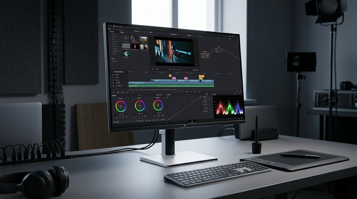A professional 27-inch Mini-LED monitor on a clean creative workstation, displaying a dark-mode video editing timeline with vibrant HDR highlights, ideal for motion designers on a budget.