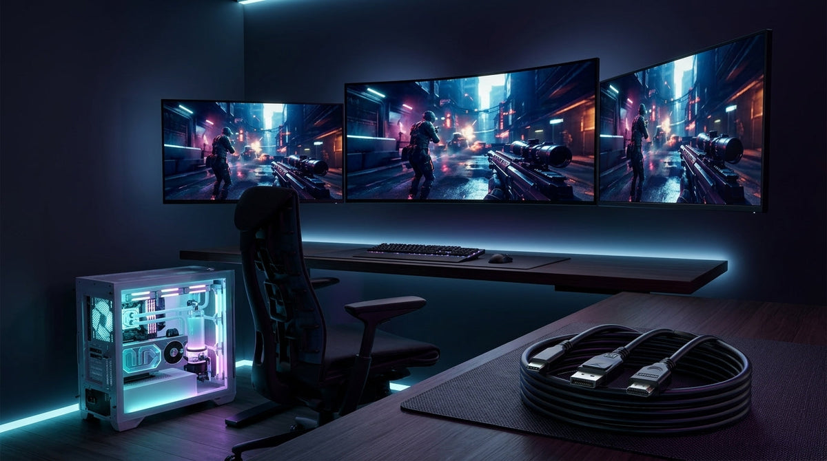 A dramatic high-end gaming station with a multi-monitor setup displaying a sharp 4K game scene, featuring a powerful PC with a visible high-performance graphics card in a futuristic, dark-themed room.