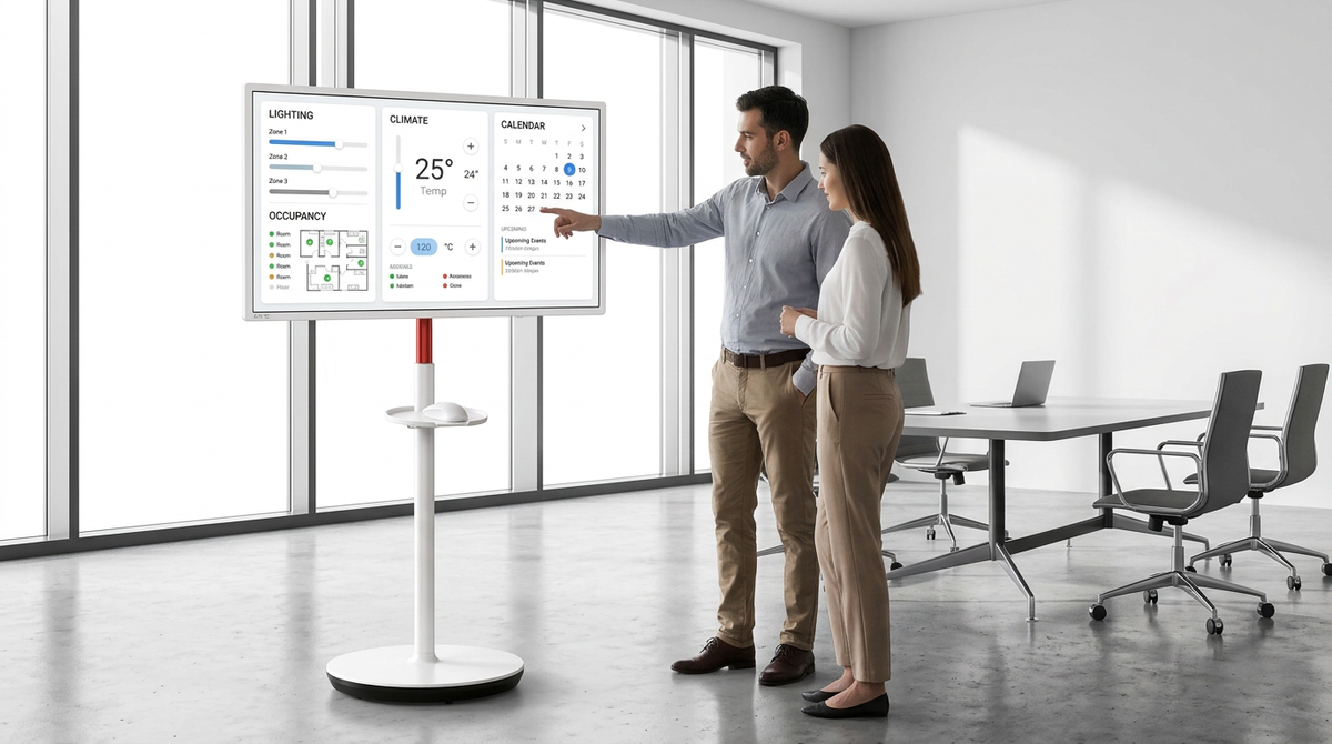 Modern office with rolling KTC 32-inch 4K smart touch display used as central Matter dashboard in a clean, hub-free conference room