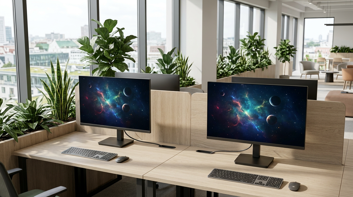 A professional side-by-side comparison of two desktop monitor setups in a modern 2026 startup office, featuring sleek displays on ergonomic stands within a bright, minimalist workspace.