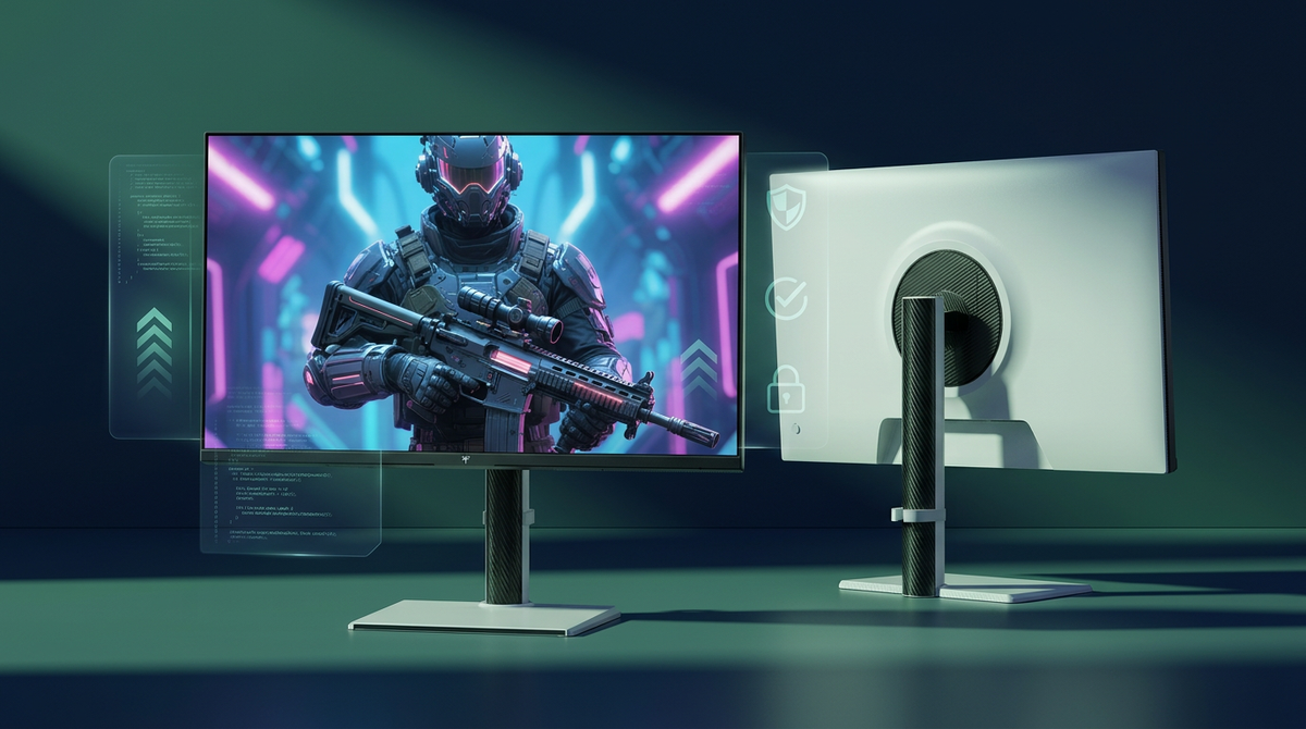 A professional tech illustration of a modern gaming monitor with holographic overlays of stability icons and code lines, set in a futuristic 2026 blue and green aesthetic.