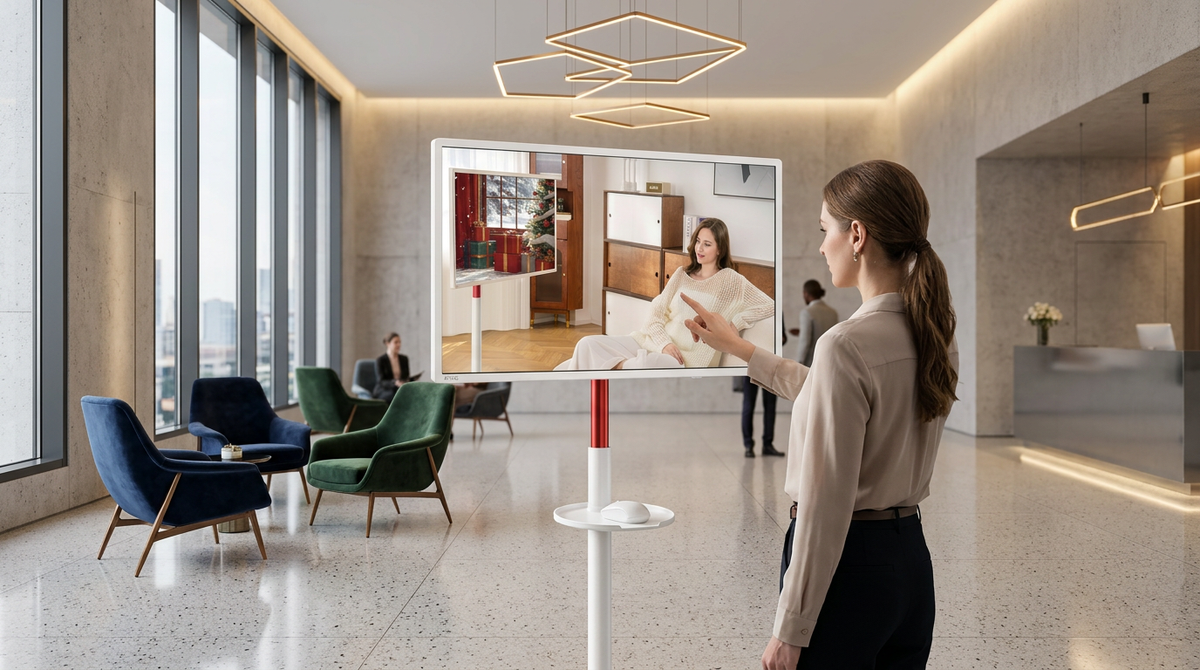 Rolling smart display used as mobile concierge in hotel lobby 2026
