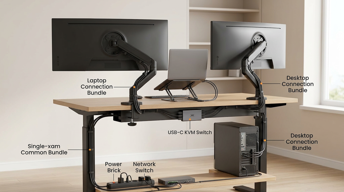 An organized dual-monitor workspace illustrating tidy cable routing and the connection between multiple computers for efficient device switching.